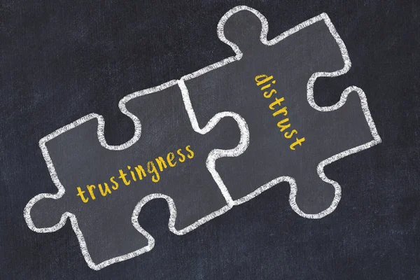 Ploblem Solving Chalk Sketch Two Puzzles Words Trustingness Distrust Black — Fotografia de Stock