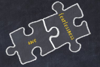 Sorunlarla başa çıkma kavramı. Bulmacaları korku ve korkusuzlukla birleştirmenin tebeşir çizimi.