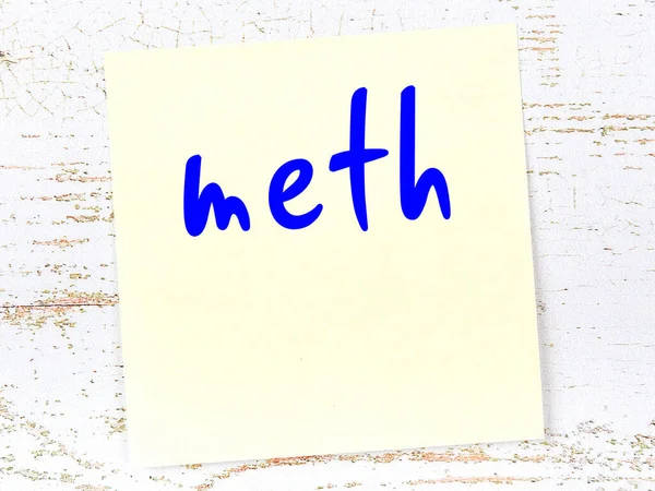 Yellow Sticky Note Wooden Wall Handwritten Inscription Meth — Stock Photo, Image