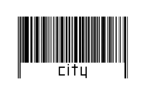 数字化概念 Barcode Black Horizontal Lines Inscription City — 图库照片