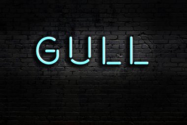 Tuğla duvara martı yazılı neon tabela. Gece görünümü