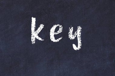 Tebeşir el yazısıyla yazılmış yazı anahtarı siyah masada.