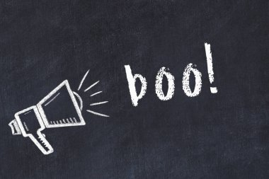 Üzerinde hoparlör ve yazı olan siyah karatahta.