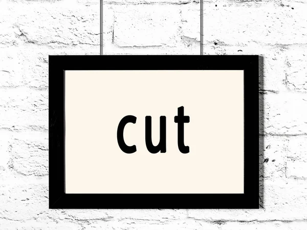 Black Wooden Frame Inscription Cut Hanging White Brick Wall — Stock Photo, Image