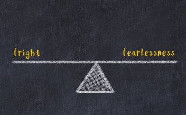 Kara tahtada korku ve korkusuzluk sözcükleriyle tebeşir çizimi. Denge kavramı