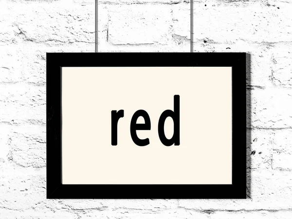 Black Wooden Frame Inscription Red Hanging White Brick Wall — Stock Photo, Image