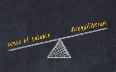 Denge duygusu ve dengesizlik arasındaki denge kavramı. Üzerinde pullar ve kelimeler olan siyah bir karatahta.