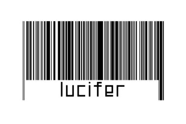 Barcode on white background with inscription lucifer below. Concept of trading and globalization