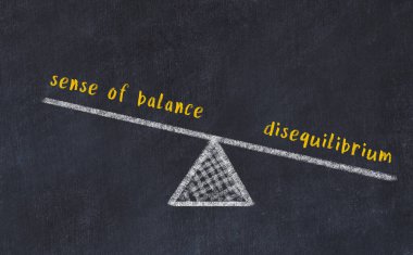 Chalk drawing of scales with words sense of balance and disequilibrium on black board. Concept of balance