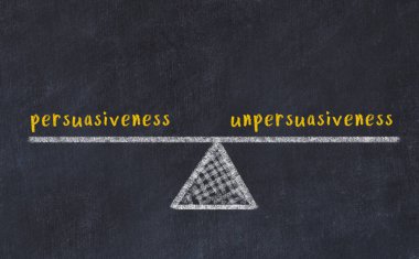 Concept of balance between persuasiveness and unpersuasiveness. Black chalboard with sketch of scales and words on it