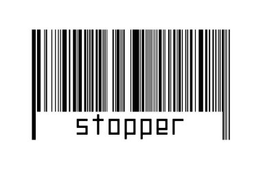 Altında yazıt durdurucu olan beyaz arka planda bir barkod. Ticaret ve küreselleşme kavramı