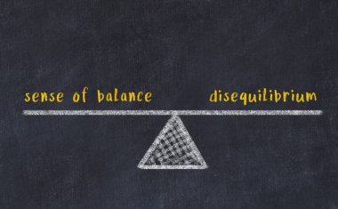 Denge duygusu ve dengesizlik arasındaki denge kavramı. Üzerinde pullar ve kelimeler olan siyah bir karatahta.