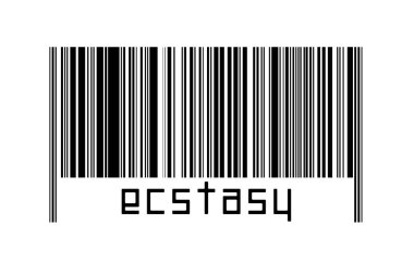 Beyaz arkaplanda barkod ve altında da ekstazi var. Ticaret ve küreselleşme kavramı