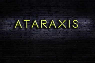 Tuğla duvara karşı ataraxis yazılı neon levhası. Gece görünümü