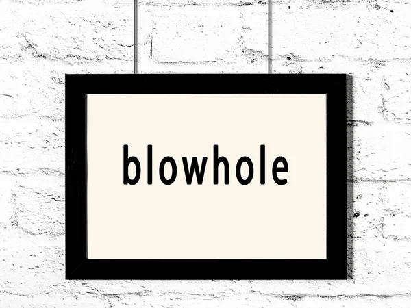 Μαύρο Ξύλινο Πλαίσιο Επιγραφή Blowhole Κρέμεται Λευκό Τοίχο Τούβλο — Φωτογραφία Αρχείου