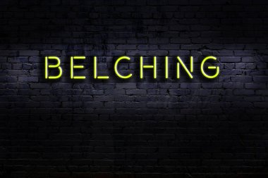 Duvara geğiren yazılı neon levhası. Gece görünümü