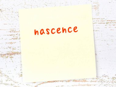 Nascence 'ı hatırlatma kavramı. Tahta duvarda üzerinde yazı olan sarı yapışkan kağıt.