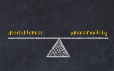 Arzulanan ve istenmeyen arasındaki denge kavramı. Üzerinde pullar ve kelimeler olan siyah bir karatahta.