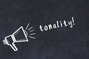 Hoparlör çizimi ve yazı tonlaması olan siyah karatahta