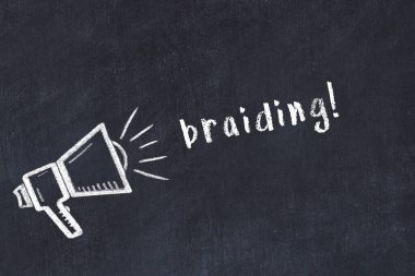 Hoparlörün tebeşir çizimi ve siyah masanın üzerine el yazısıyla örülmüş yazı.