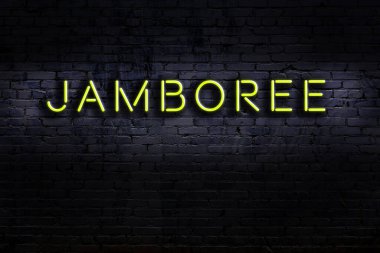 Duvara yazı yazma cümbüşü çizilmiş neon levhası. Gece görünümü