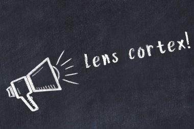 Hoparlörün tebeşir çizimi ve siyah masanın üzerine el yazısıyla yazılmış lens korteksi