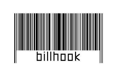 Beyaz arka planda barkod ve altında da yazıt billhook var. Ticaret ve küreselleşme kavramı