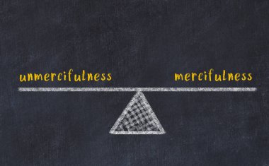 Karatahtaya merhametsizlik ve merhametsizlik içeren sözcüklerle tebeşir çizimi. Denge kavramı