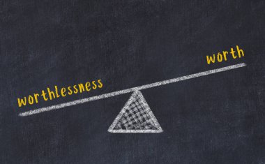 Değersizlik ve değer arasındaki denge kavramı. Üzerinde pullar ve kelimeler olan siyah bir karatahta.