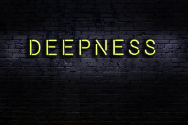 Tuğla duvara karşı yazıtsal derinlikte neon işareti. Gece görünümü