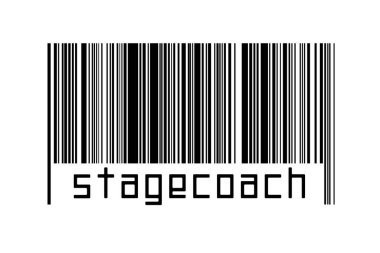 Beyaz arka planda barkod ve yazıt posta arabası var. Ticaret ve küreselleşme kavramı