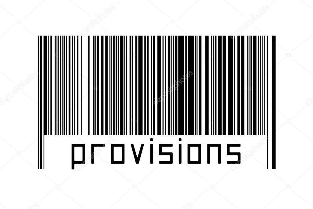 Barcode on white background with inscription provisions below. Concept of trading and globalization
