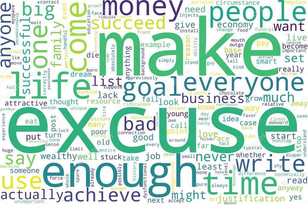 Word cloud of excuse concept on white background.