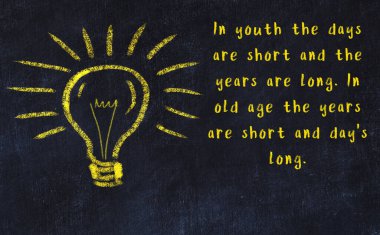 Bilgece bir alıntı ve siyah karatahtaya bir ampul çizimi