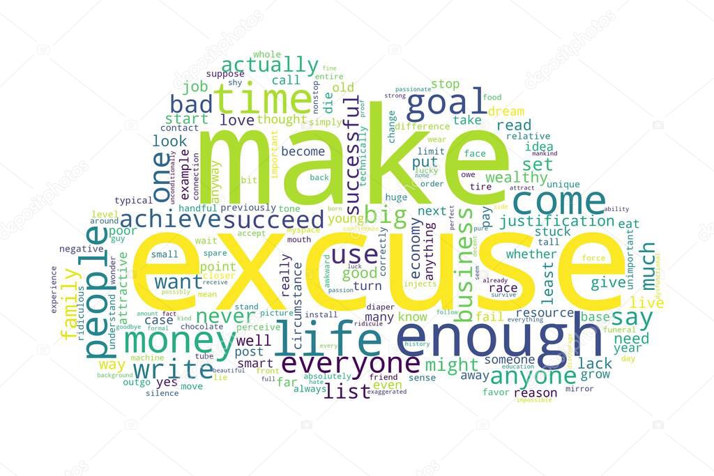 Word cloud of excuse concept on white background.
