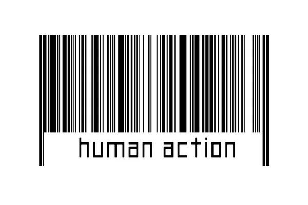 Barcode on white background with inscription human action below. Concept of trading and globalization