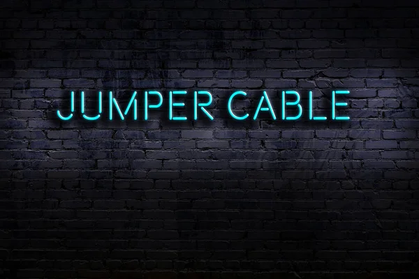 Neon sign on brick wall at night. Inscription jumper cable