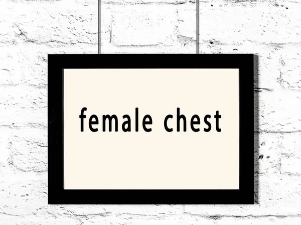 白色砖墙上挂着印有女性胸膛字样的黑色木制框架 — 图库照片