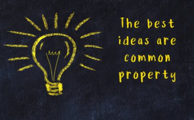 Bilgece bir alıntı ve siyah karatahtaya bir ampul çizimi