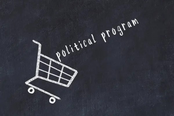 ショッピングカートと黒の黒板に単語の政治プログラムのチョーク図面 グローバル化と大量消費の概念 — ストック写真