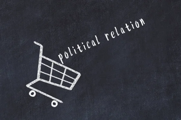 ショッピングカートのチョーク図面と黒の黒板に単語の政治的関係 グローバル化と大量消費の概念 — ストック写真