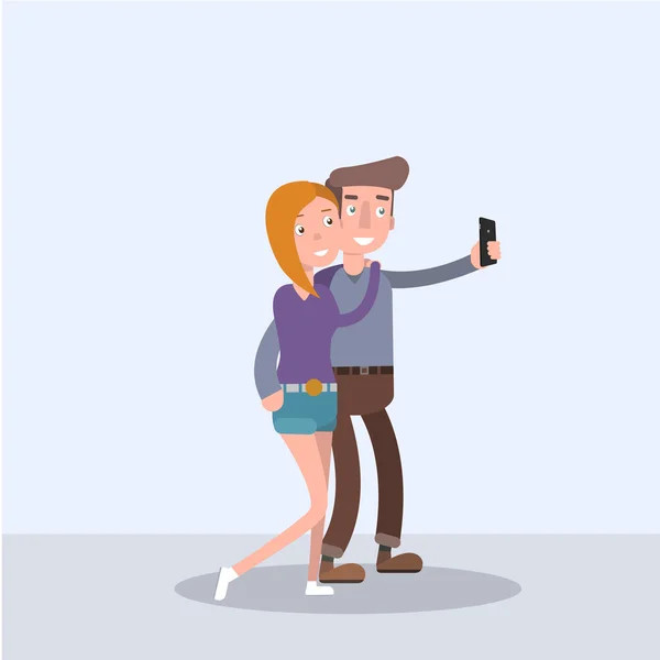 Szerető pár teszi selfie. Lakás. — Stock Vector