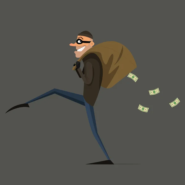 Tolvaj lop egy zsák pénzt, rajzfilm, lapos stílus. — Stock Vector