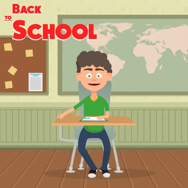Skolan pojke sitter på lektionen i klassrummet. Vektorillustration — Stock vektor