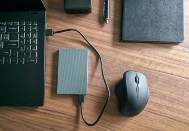 Büyük miktarda bilgi depolamak için harici hard disk. Ek elektronik veri depolama cihazı. Yüksek kalite fotoğraf