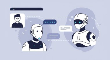 Modern bir arayüzde insan ve robot iletişimini gösteren vektör konsepti. Teknoloji, yapay zeka ve otomasyon için mükemmel..