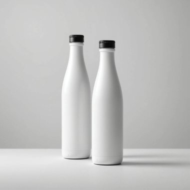 Üretken yapay zekayla yaratılmış iki beyaz şişenin temiz minimum maketi. Ürün markalaştırma sunumları için mükemmel.