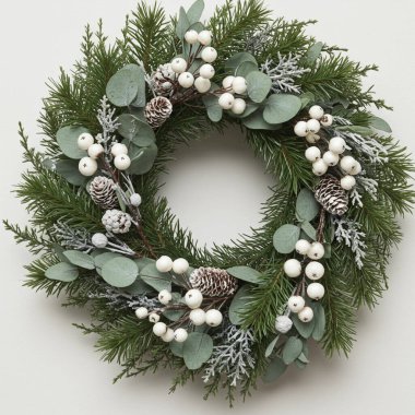 Yeşillikle süslü kış çelengi ve üretken yapay zekayla yaratılmış böğürtlenler. Tatil baskıları için harika..