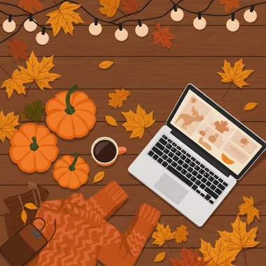 Üretken yapay zekayla oluşturulmuş sonbahar temalı rahat çalışma alanı. Mevsimsel içerik için mükemmel.