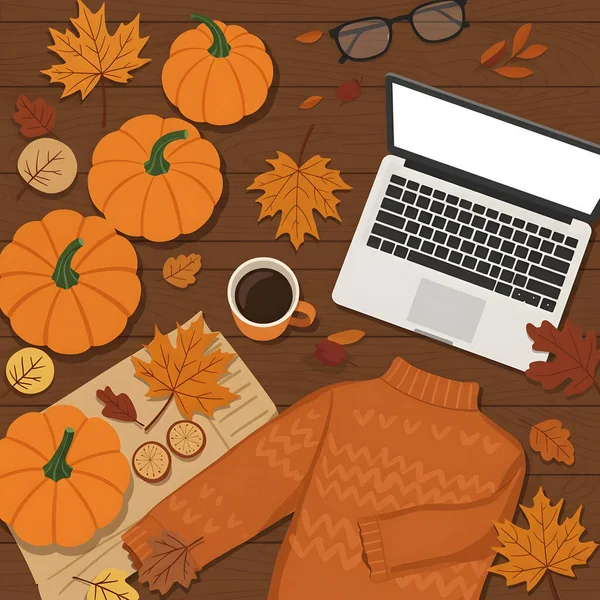 Balkabaklarıyla, laptoplarıyla ve üretken yapay zekayla oluşturulan kahveyle modern sonbahar düzleşmesi.